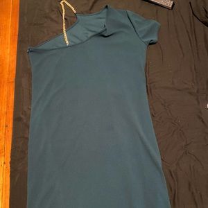 Plus asymmetrical neck chain strap fitted dress